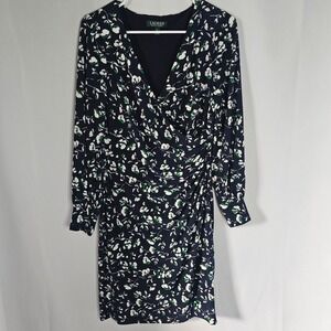 Lauren Ralph Lauren Women's Floral Print Long‎ Sleeve Navy Blue Dress Size 8